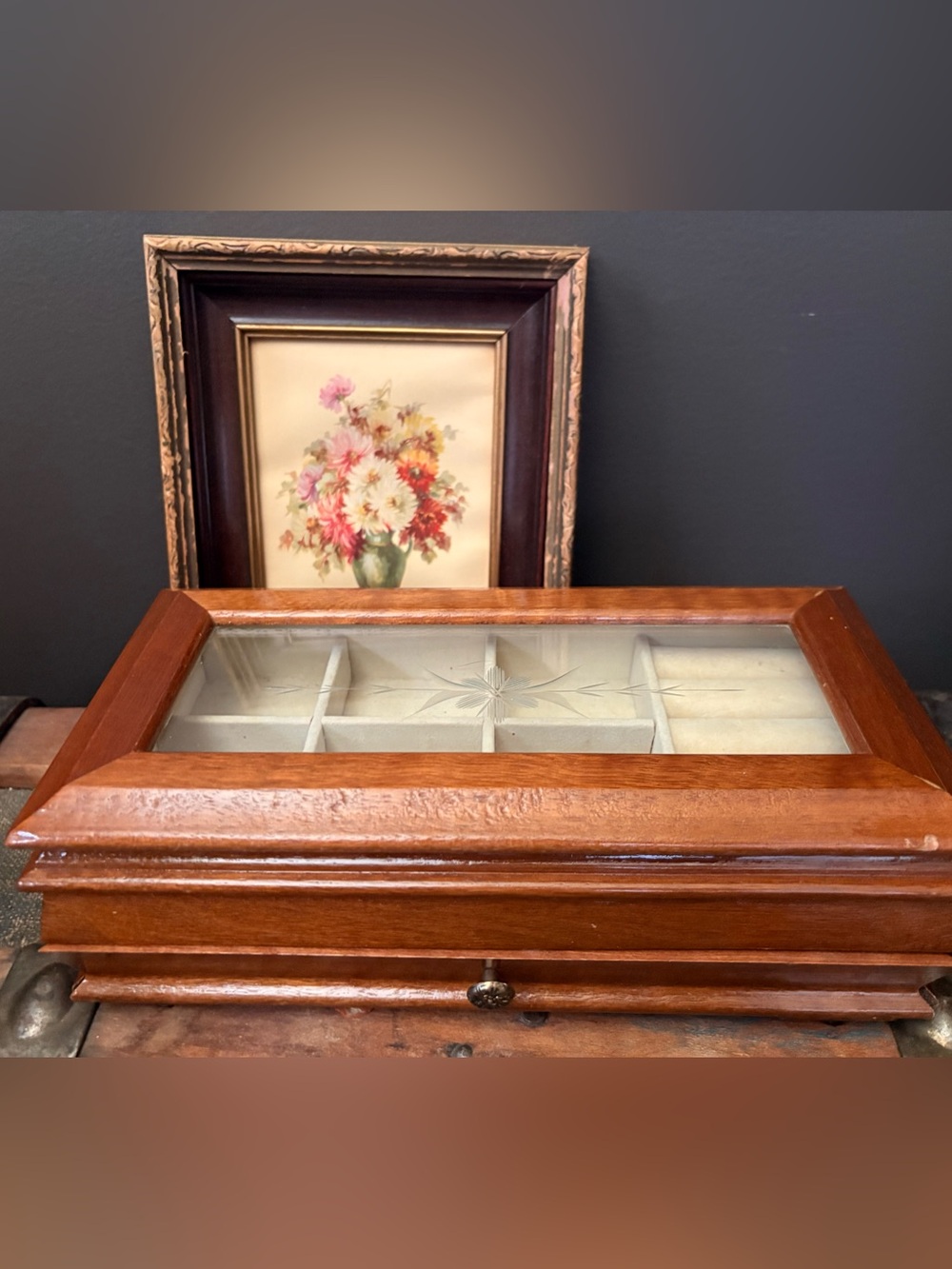 Vintage Wood Finish Jewelry Organizer Box with Glass Top - Brown